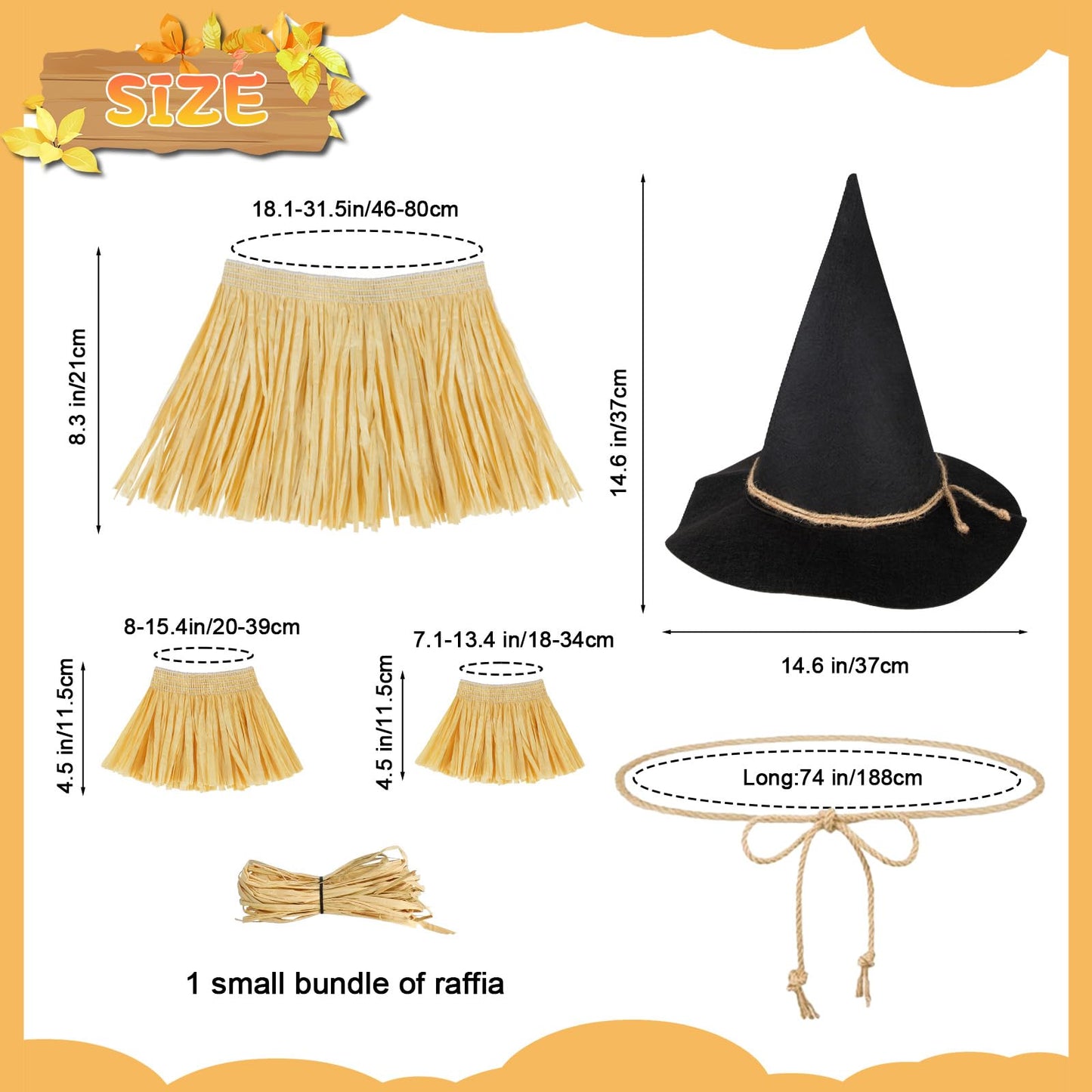 quescu 7pcs Scarecrow Costume Set For Adults,Kis,Scarecrow Hat And Straw Kit for Halloween Dress Up Costume Accessories