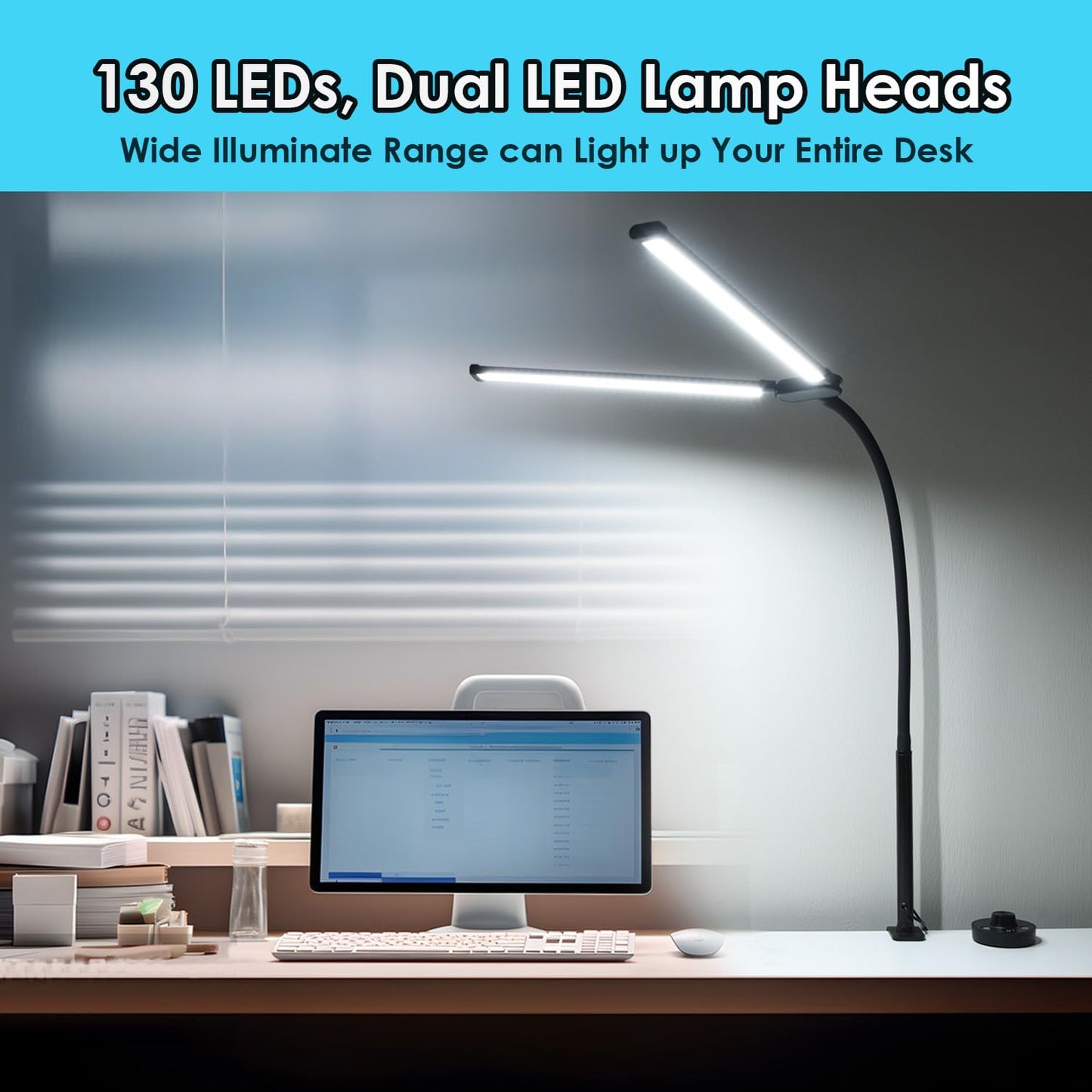 CeSunlight LED Desk Lamp with Two Heads, Clamp On Desk Lamps, 24W, 4000 LMS, CRI>90, 5 Color Modes (2600K-6500K), 10 Brightness Levels, Adapter Included