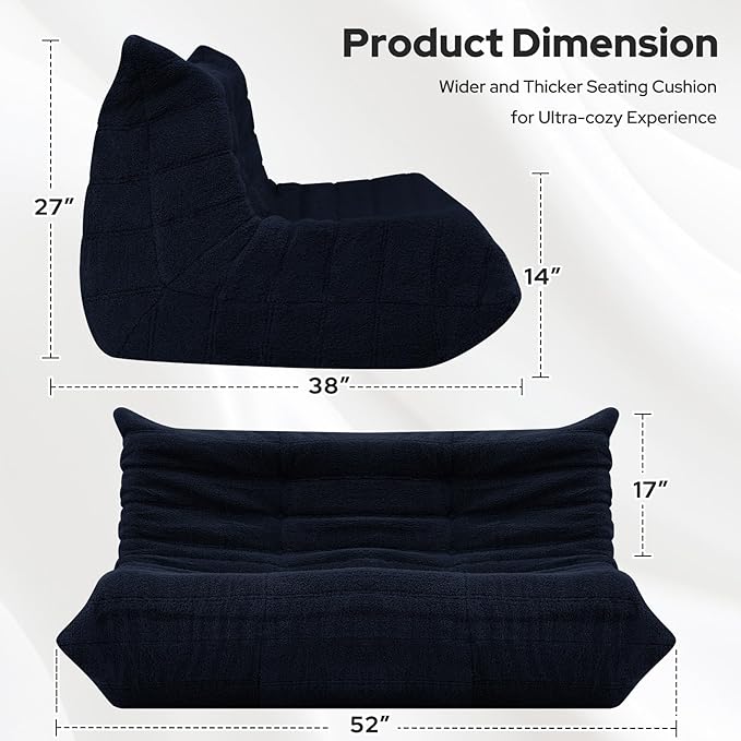 HABUTWAY Bean Bag Chairs Fireside Lazy Floor Sofa, Soft Teddy Fleece 2 Seater Sofa with High-Resilience Foam Filling，Beanbag for Living Room, Bedroom, Office (Navy Blue Teddy)