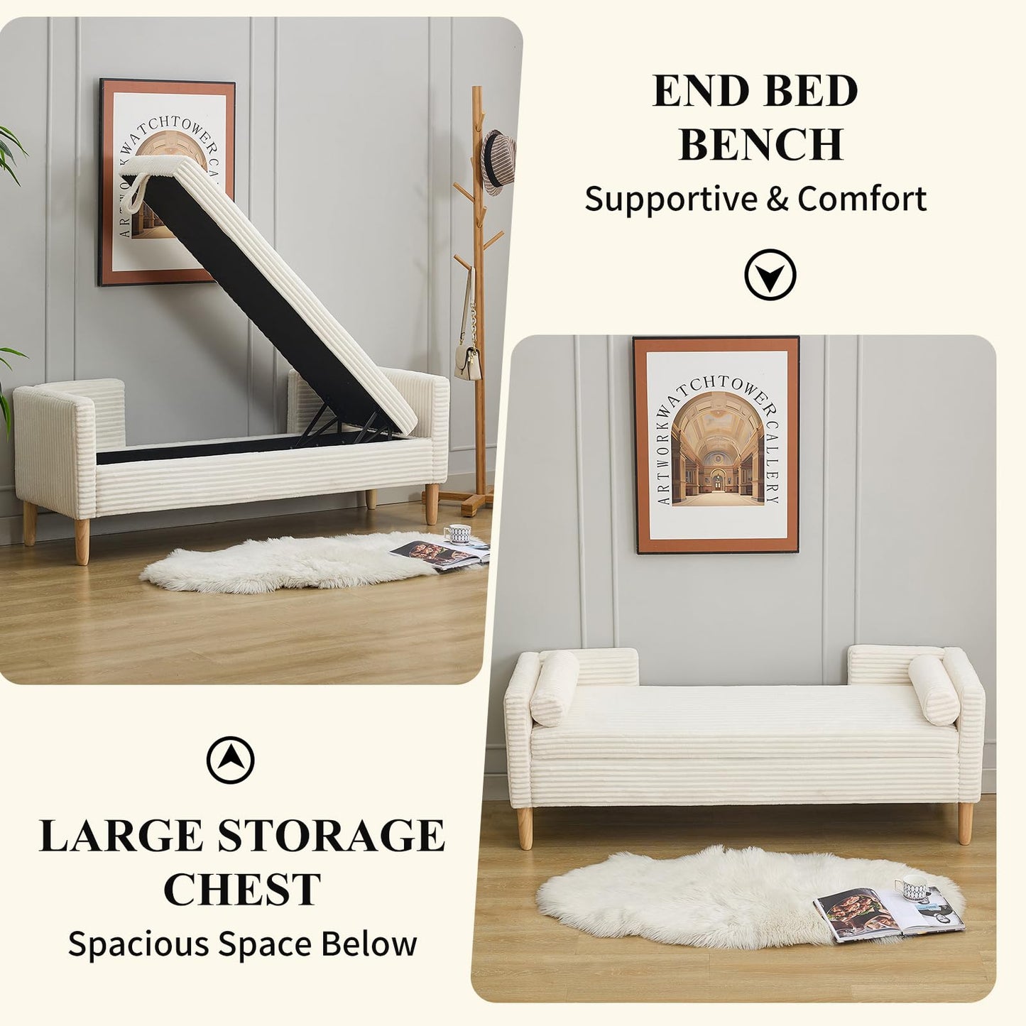 NIOIIKIT 65" Large Storage Ottoman Bench with 2 Pillows, Corduroy Upholstered Entryway Bench with Wood Leg, End of Bed Bench with Straight Armrest, Window Bench for Bedroom, Entryway (White)