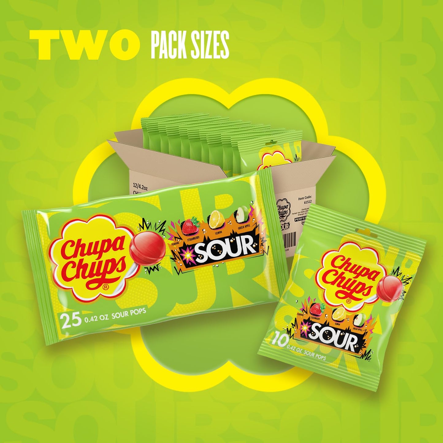 Chupa Chups Sour Fruit Lollipop Assortment, 3 Sour Flavors, Individually Wrapped Candy for Kids, 10.5 OZ Bag (25 Suckers) (Pack of 2)