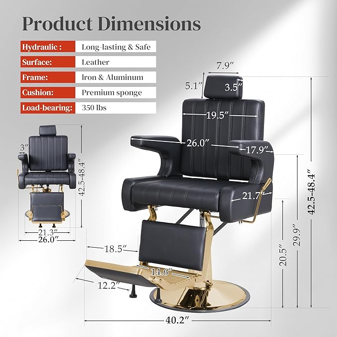 FHFO Barber Salon Hair Chairs for Barbershop, Hydraulic Barber Chair 360° Swivel Reclining, Adjustable PU Leather Beauty Salon Chair for Barbershop Spa Black/Gold