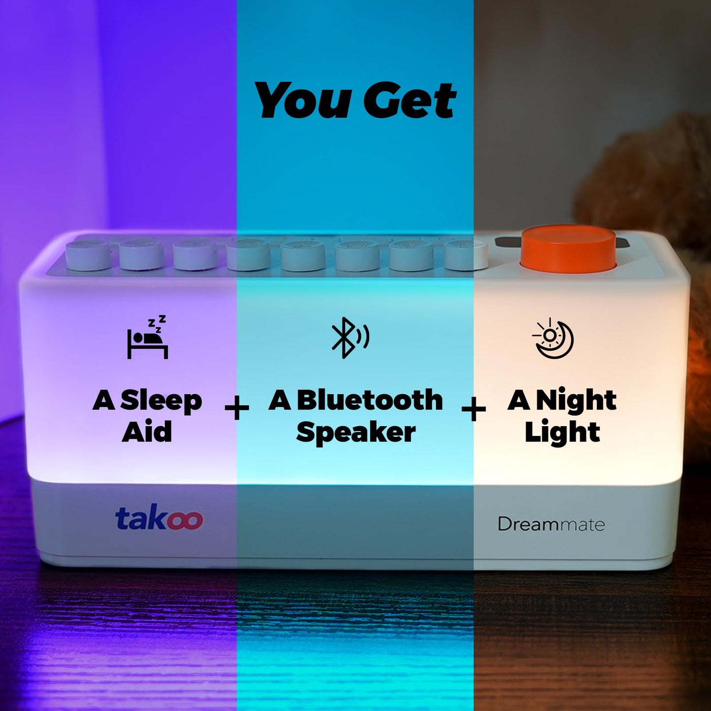 TAKOO 3-in-1 Sleep Sound Machine/Portable Bluetooth Speaker/12 Colors Night Light, Mixable 8 Nature Sounds & White Noise Machine, Sleep Timer for Sleep Aid