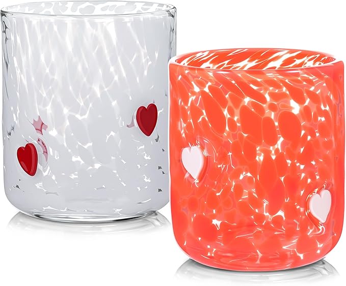GVKGVK 2 Pcs Valentines Day Icon Juice Glasses, 14 oz Heart Themed Cute Glass Cups, Handblown Stemless Anthropology Glass ...