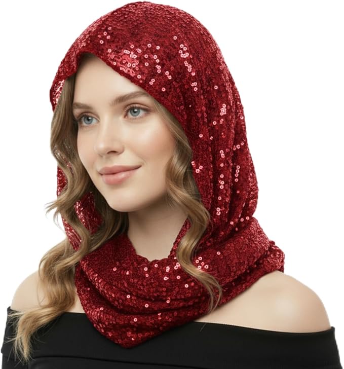 Simlakey Sequin Rave Hood Rave Scarf Outfit Accessories for Women Glitter Hooded for Carnival Parade Concert Costume