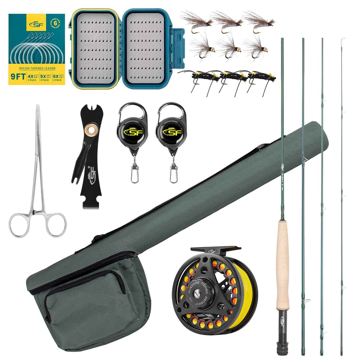 SF Fly Fishing Rod Combo Starter Kit - 4 Piece 4WT 8FT Emerald Green 24T Carbon Fiber Trout Rod with Reel, Case, Fly Box, Tapered Leader, Knot Tying Tools