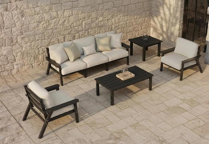 Patio Kingdom 7 Piece Patio Conversation Sets, Outdoor Couch with Washable Thick Beige Cushions, HDPE Patio Furniture Set, Outdoor Sectional Furniture for Backyard, Deck, Lawn, Porch (Black Frame)