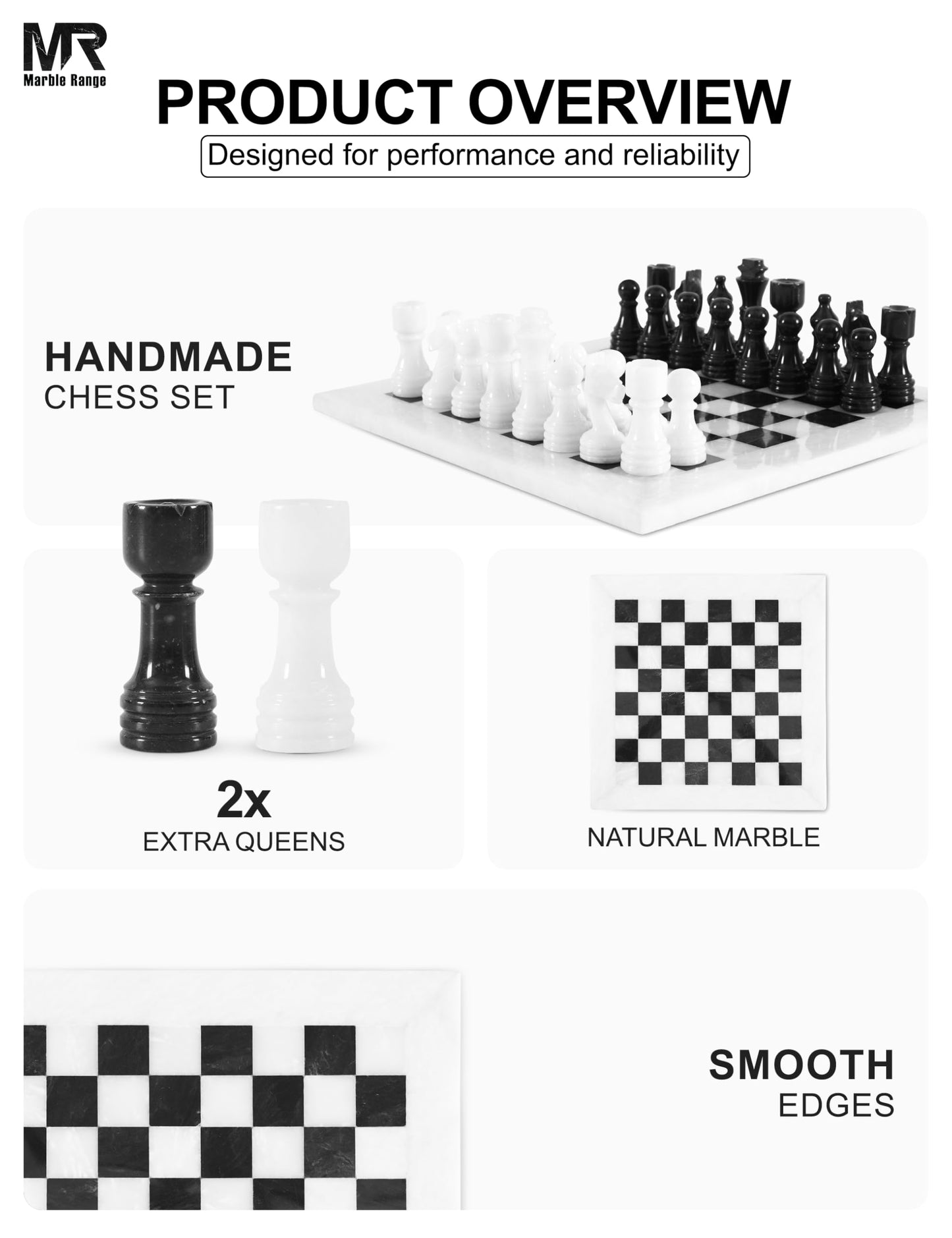 Marble Chess Set for Adults 12" Handmade White & Black Board Game with 32 Chess Pieces, 2 Extra Queens & Storage Box, Luxury Travel Game, Elegant for Home Decor