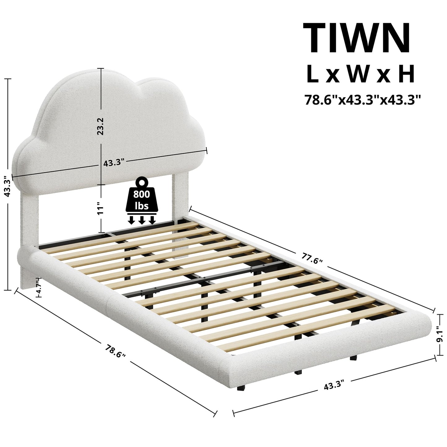 LIKIMIO Twin Bed Frames with LED Light, Floating Bed Frame with Upholstered Headboard, Solid Wooden Slats Support, No Box Spring Needed, White