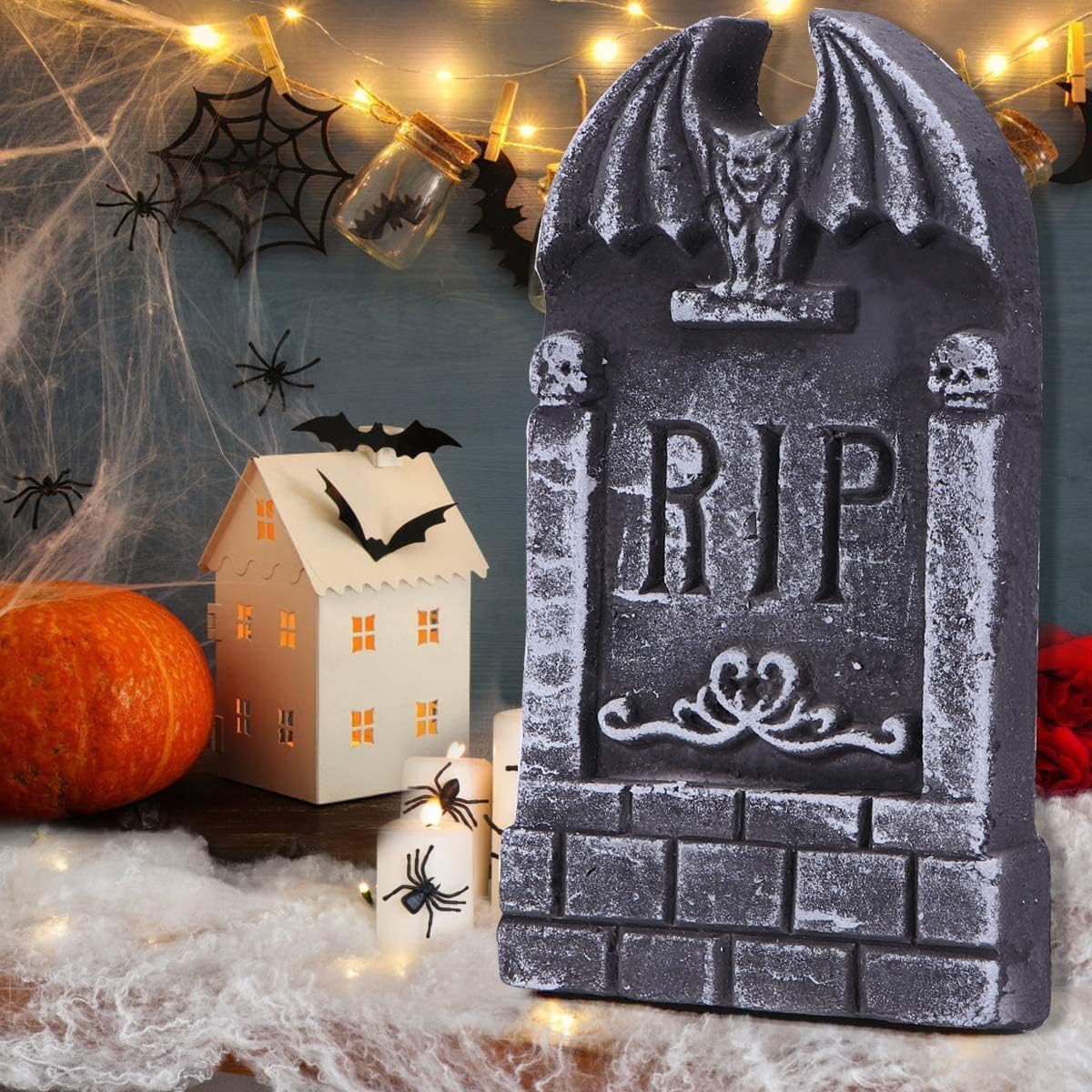 Sizonjoy AYOGU 17” Halloween Foam RIP Graveyard Tombstones, 5 Pack Tombstone with 10 Metal Stakes for Halloween Decorations