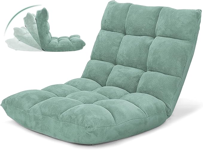 GOFLAME 14-Position Folding Floor Chair, Padded Gaming Lazy Sofa Chair with Adjustable Backrest, Couch Recliner, Sleeper Bed Lounge Chair for Reading, Gaming, Meditating (Green)