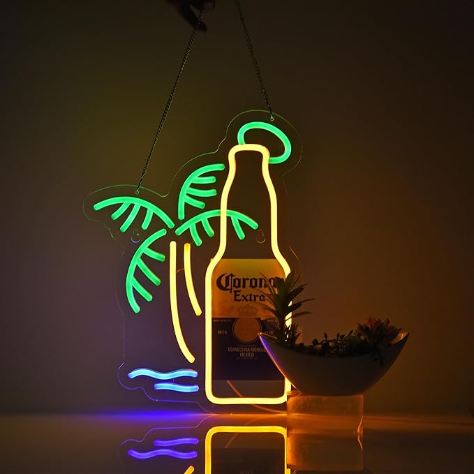 Beer Palm Tree Coro Bottle Neon Sign Dimmable LED Bar Neon Light for Wall Décor Neon Art signs with USB Plug for Pub Store...