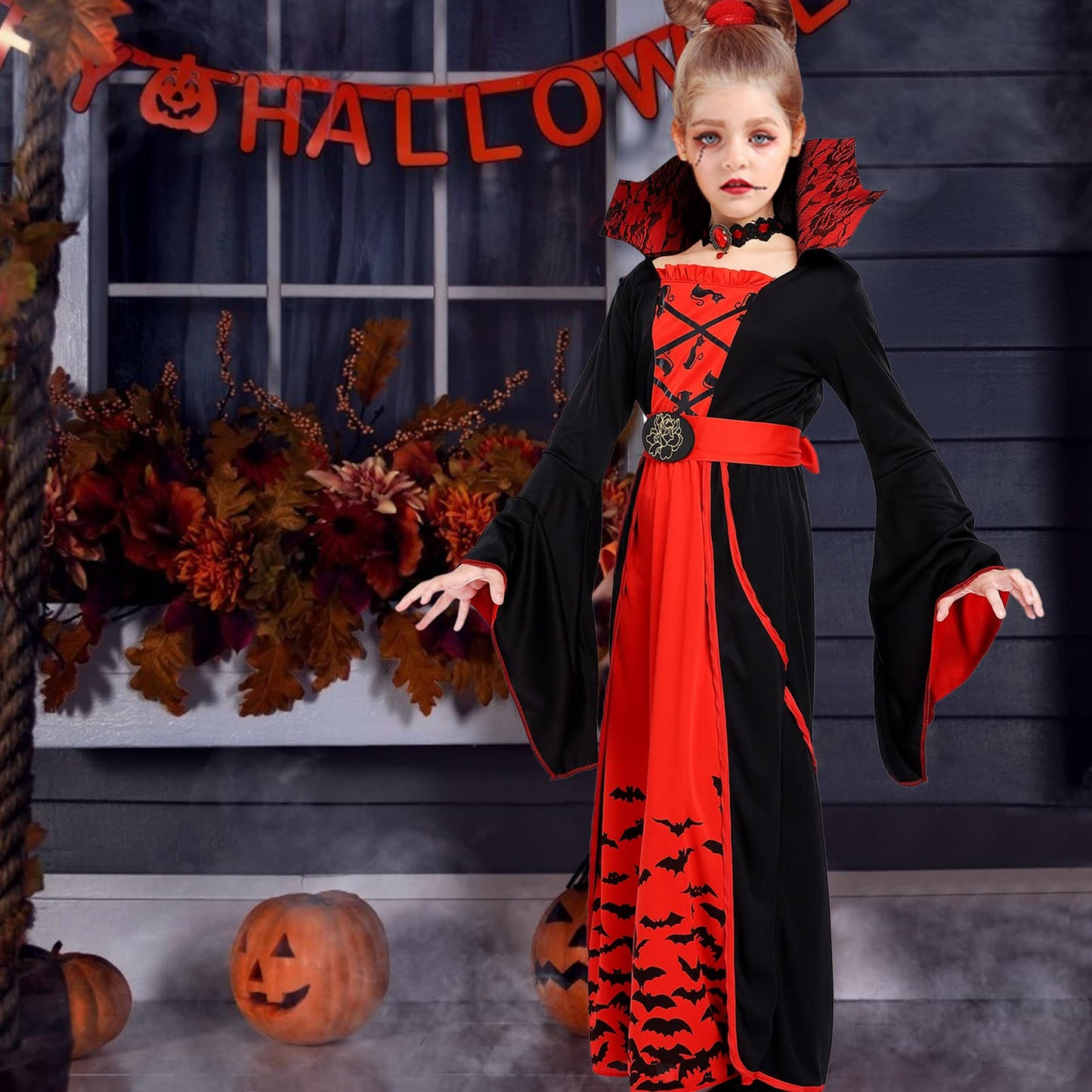 ThinkMax Halloween Vampire Costume for Girls，Kids Royal Queen Skirt for Halloween Dress Up Party, M(8-10 Years)