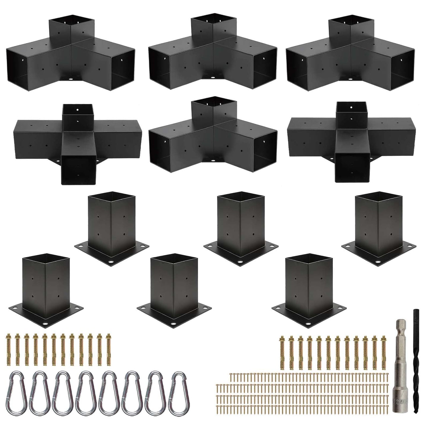 Pergola Bracket Kit 4x4 (Actual 3.6 x 3.6 in), 3-Way Corner & 4-Way Center Brackets with Post Base Set, Heavy Duty 2mm Steel Hardware with Hooks for Patio, Gazebo & Backyard Build