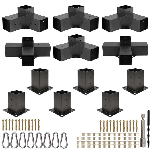 Pergola Bracket Kit 4x4 (Actual 3.6 x 3.6 in), 3-Way Corner & 4-Way Center Brackets with Post Base Set, Heavy Duty 2mm Steel Hardware with Hooks for Patio, Gazebo & Backyard Build