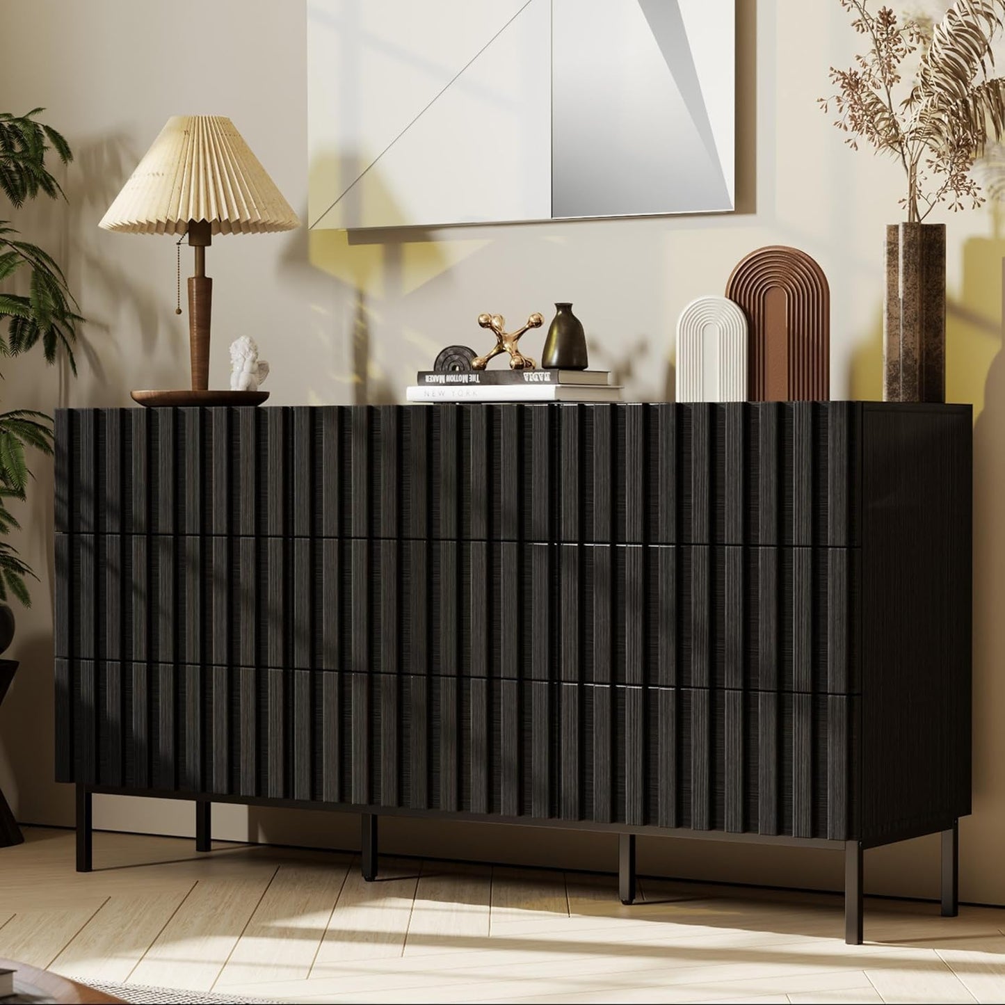 UEV Black Fluted Dresser for Bedroom, 59" Wide Wood 9 Drawer Dresser, Mid Century Modern Storage Organizer, Long Chest of Drawers TV Stand for Bedroom, Hallway