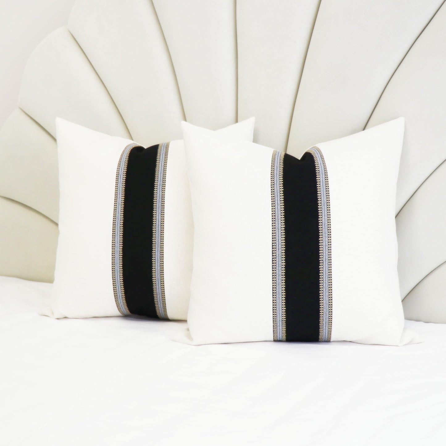 Slow Cow Pack of 2 Linen Off White and Black Patchwork Throw Pillow Covers Decorative Cushion Covers for Couch Sofa Square 18 x 18 Inches