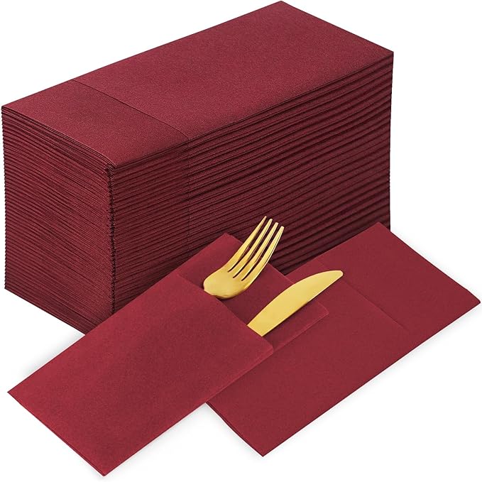 KAMMAK Burgundy Napkins Disposbale Wine Red Cloth like Paper Dinner Napkins with Pocket 100 Pack Guest Hand Towel for Part...