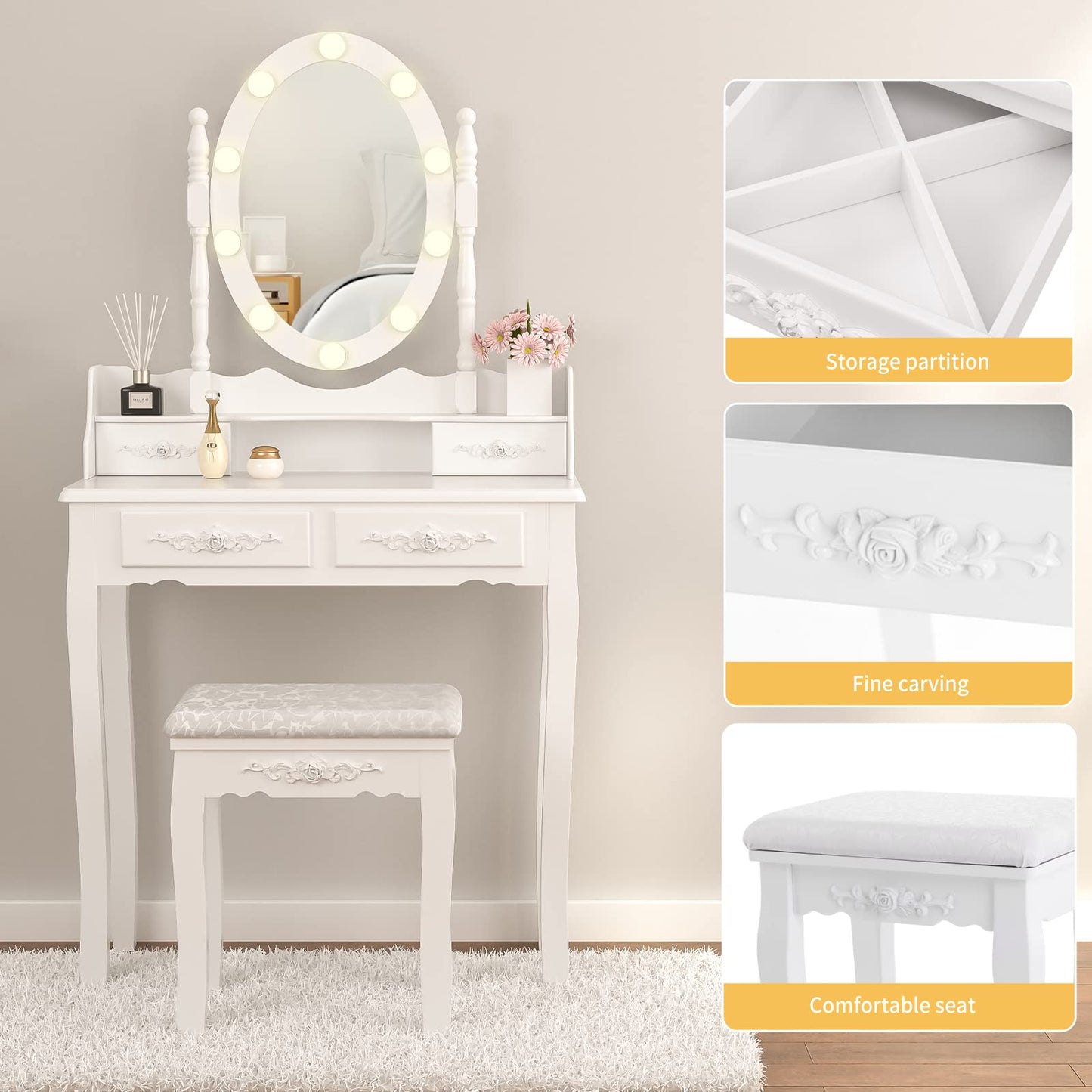 Alohappy Girls Makeup Vanity Set, Dressing Table Desk with Lighted Mirror and Stool, Makeup Table with 4 Drawers for Bedroom, Bathroom (Vanity with Lighted Mirror)