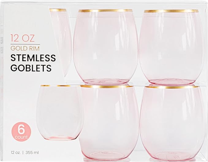 PLASTICPRO 6 Pack Pink With Gold Rim Plastic Wine Glasses Stemless Disposable 12 oz BPA Free Shatterproof Plastic Cups Win...