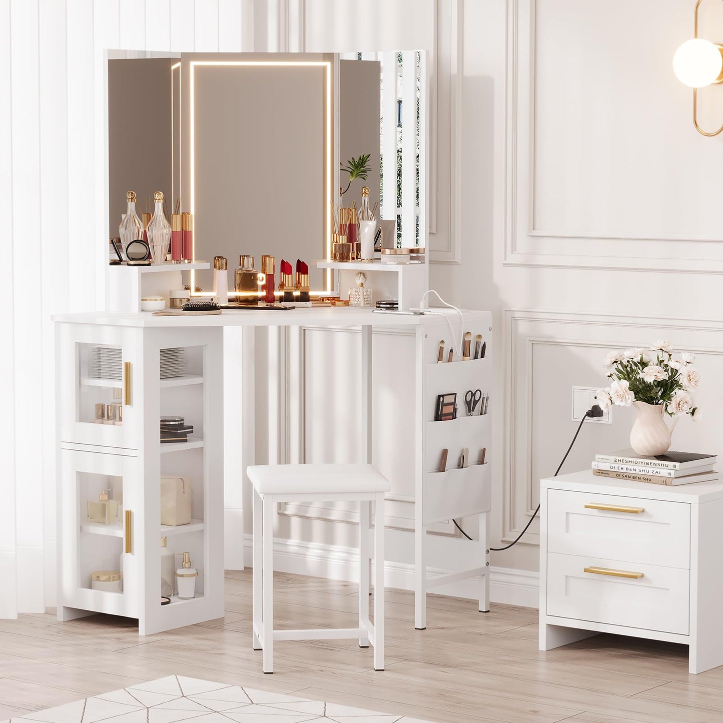 Garvee Corner Vanity Desk and Stool, Corner Makeup Vanity with LED Lighted Mirror Charging Station and Cabinet for Bedroom, White