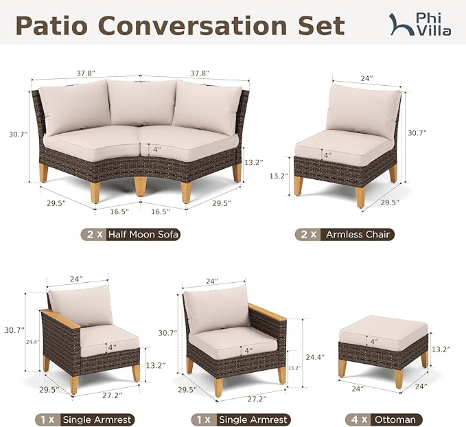 PHI VILLA 10-Piece Wicker Patio Furniture Set, Outdoor Half-Moon Curved Sectional Sofa with 4 Ottomans, 2 One Armrest Seats, 1 Armless Sofa, Large Conversation Seating for Garden or Backyard,Beige