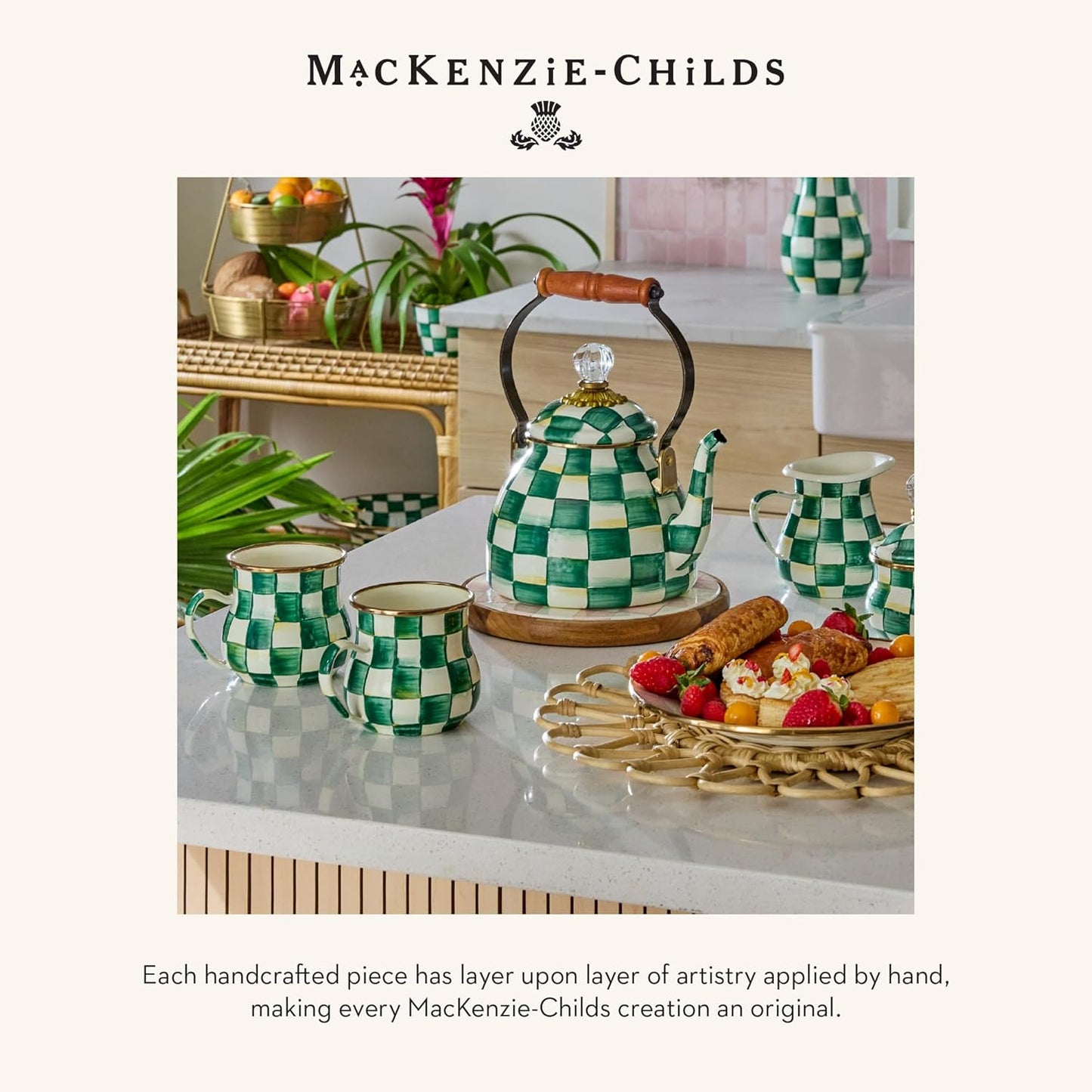 MACKENZIE-CHILDS Enamel Everyday Bowl, Serving Bowl for Entertaining, Small, Green-and-White Emerald Check