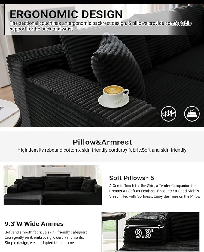 Vanress Cloud Couch Sectional, Corduroy Boneless Couch with L-Shape Chaise, Modern Modular Sectional Sofa Comfy Deep Seat for Living Room, Bedroom, No Assembly (Black, Right Facing Chaise)
