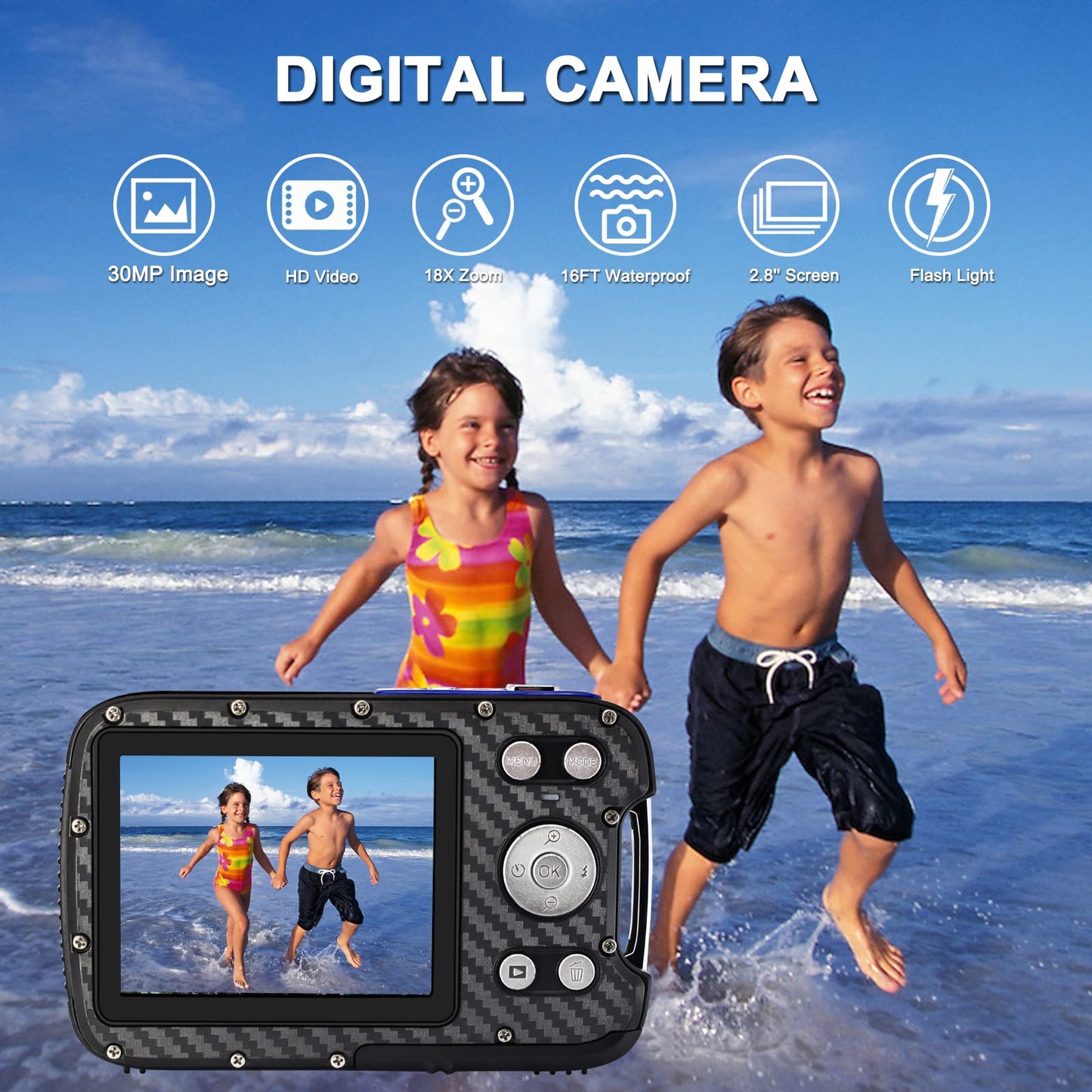 Yeein 16Ft Underwater Camera 30Mp Waterproof Digital Camera With 32G Card And Rechargeable Battery, 18X Point And Shoot Camera F