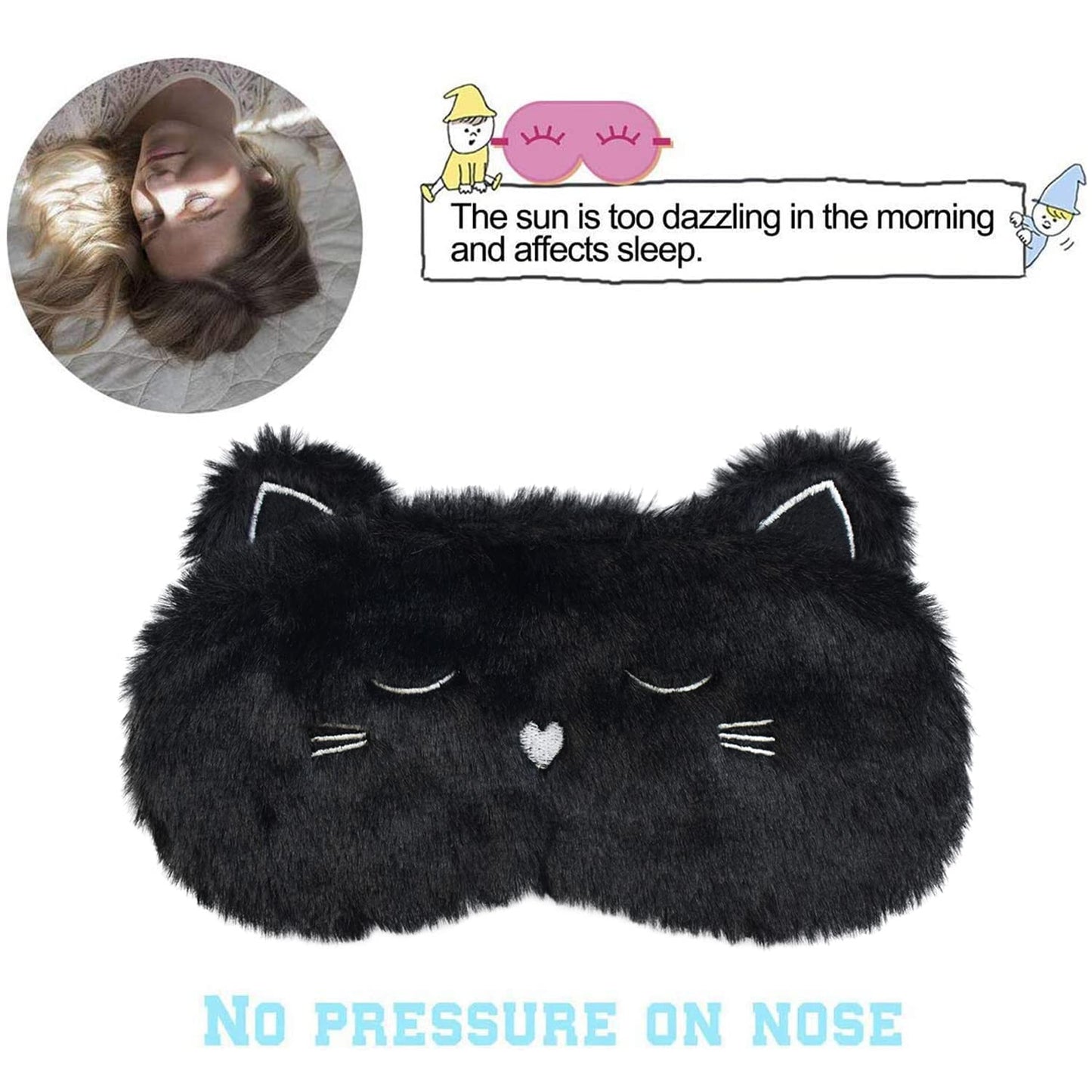 Ulbemoll Cute Sleeping Mask, Black Cat Soft Plush Fluffy Sleep Mask Men Cartoon Kittens Blindfold Novelty Eye Cover Eyeshade Shade for Kids Girls and Adult Travel (Black, Cat)