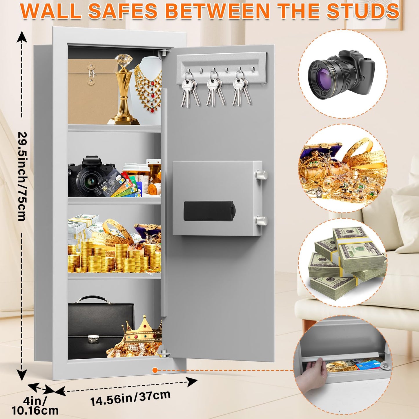 White 29.53" Tall Fireproof Wall Safes Between the Studs 16" Centers, Heavy Duty Combination Lock in Wall Safe with 3 Removable Shelf, Hidden Safe for Money, Jewelry, Document, Passport