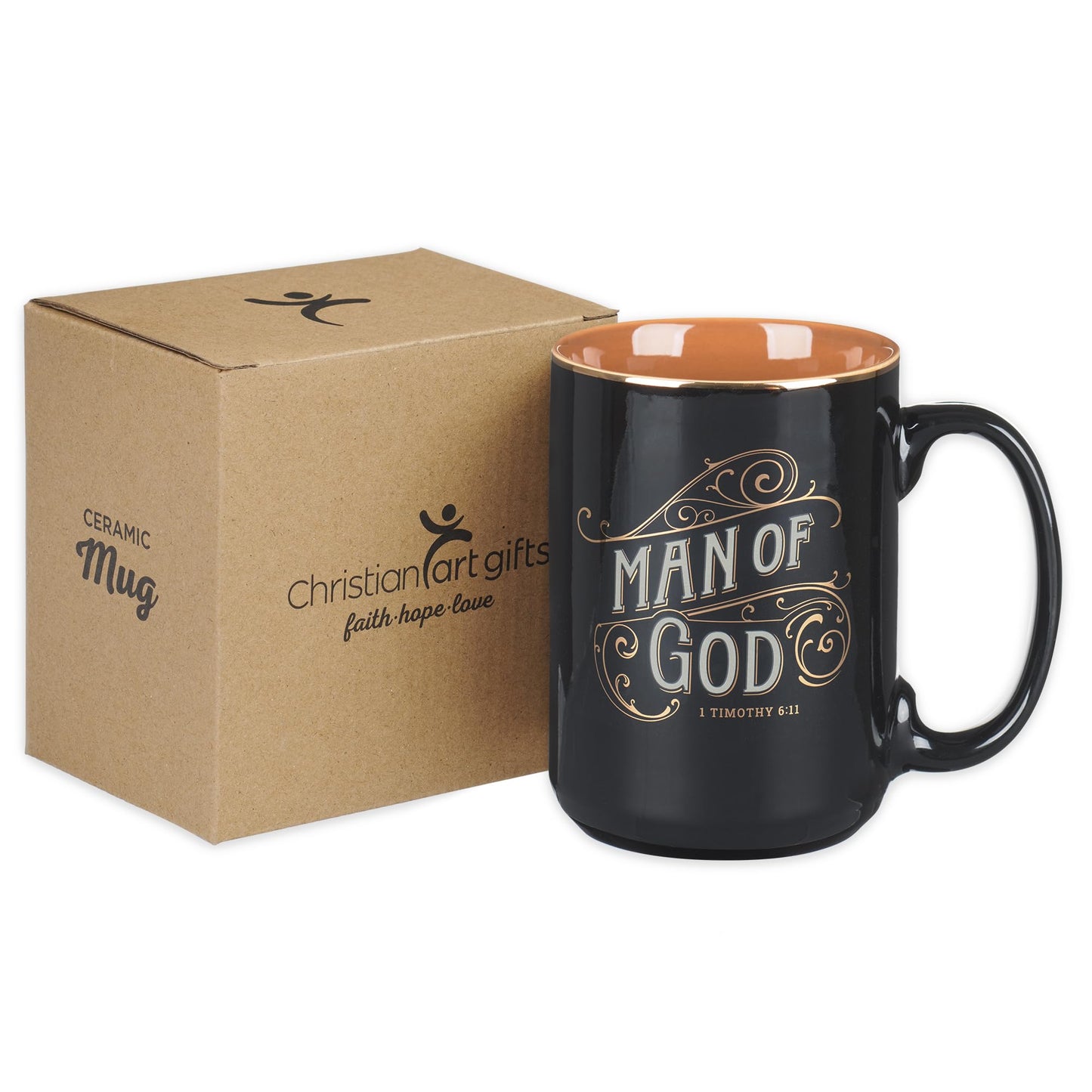 Christian Art Gifts Large Ceramic Inspirational Scripture Coffee & Tea Mug for Men: Man of God Encouraging Bible Verse, Sturdy Golden, Non-toxic Novelty Hot/Cold Beverage Cup, Black & Brown, 14 oz.
