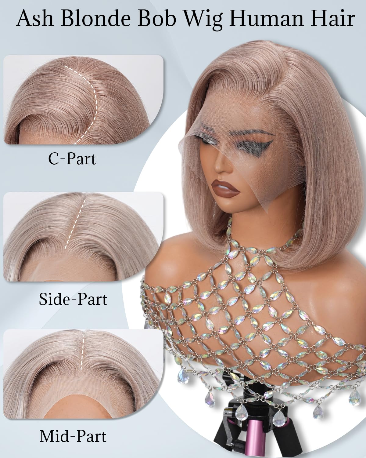 Geomone 12 Inch Ash Blonde Bob Wig Human Hair 180 Density 13x4 HD Lace Frontal Wigs Human Hair Pre Plucked Ash Blonde Bob Wig Fo