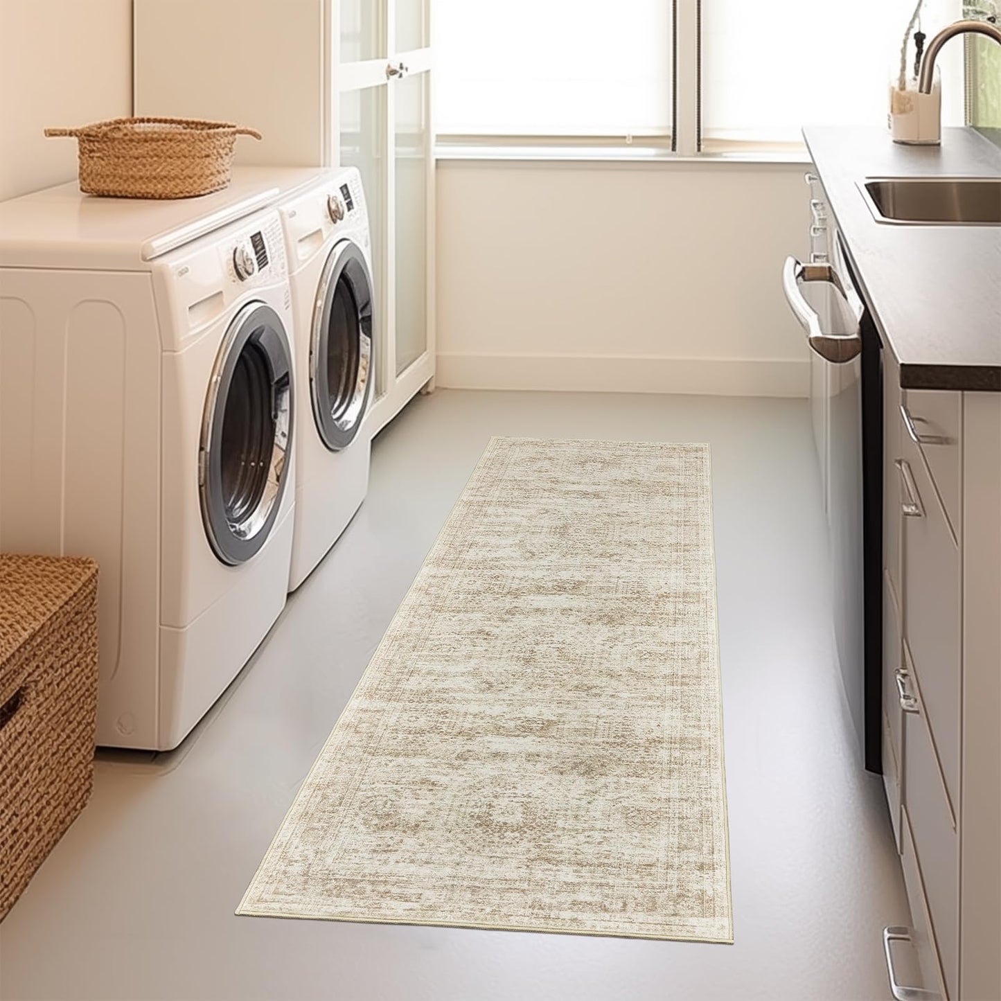 Restydon Long Hallway Runner Rug - Runners for Hallway 12ft, Anti Slip Backing Washable Rug for Bathroom, Entrance, Living Room, Soft Low Pile Mordern Runner(2'x12', Beige/Ivory)