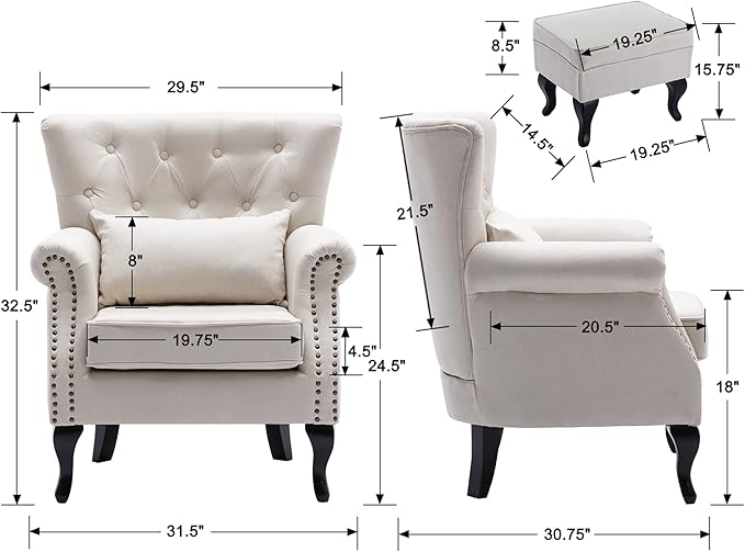 chairus Mid-Century Modern Accent Chairs with Ottoman Set of 2, Comfy Linen Single Sofa Chair Button Tufted Wingback Armchairs with Pillow for Living Room/Bedroom/Club - Beige