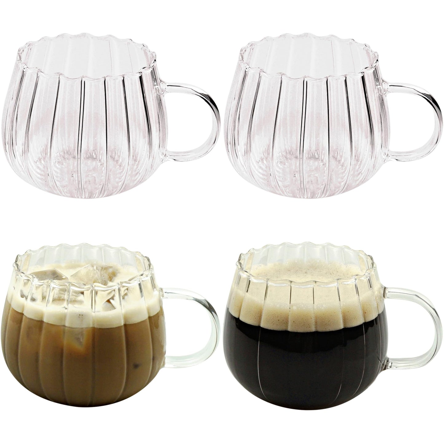 LUATSDAR Halloween Pumpkin Mugs 14 oz Glass Coffee Mugs Set of 4, Drinking Glasses with Transparent Handle, Clear Glass Cups for Hot or Cold Drinks like Cappuccino, Latte, Cocoa, Milk, Tea
