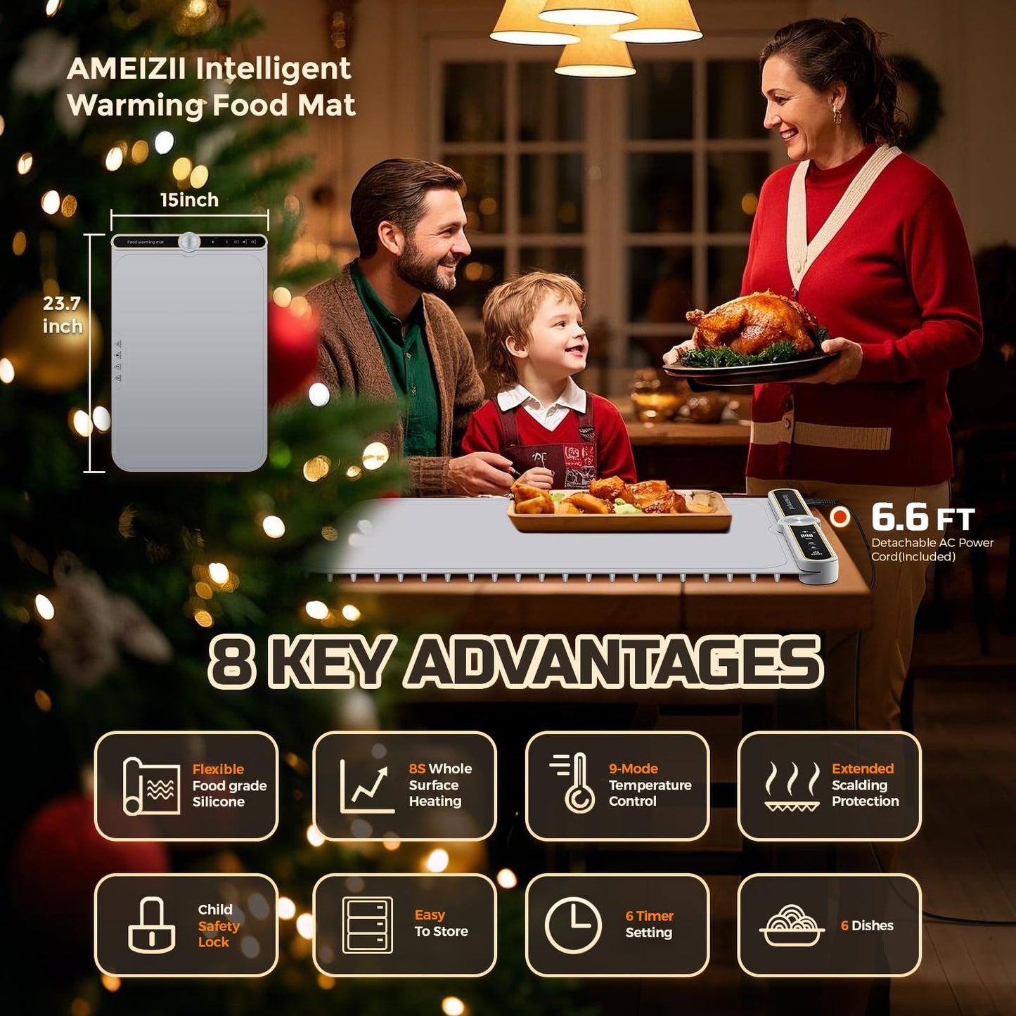Warming Mat for Food, 24"x15" Food Warmer with 9-Temperature Adjustable, 1-6H Timer Electric Warming Tray Heat 6 Dishes, Child Lock, 8s Fast Heating, Foldable Food-Grade Silicone