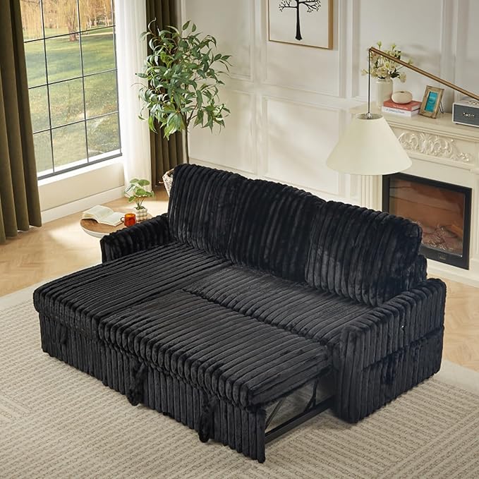 Sleeper Sofa Bed, 81” Pull Out Couch Bed with Reversible Storage Chaise, 3 in 1 L-Shaped Couch with Charging Station, Cup Holder, Side Pocket, Plush Corduroy Couches for Living Room(Black)