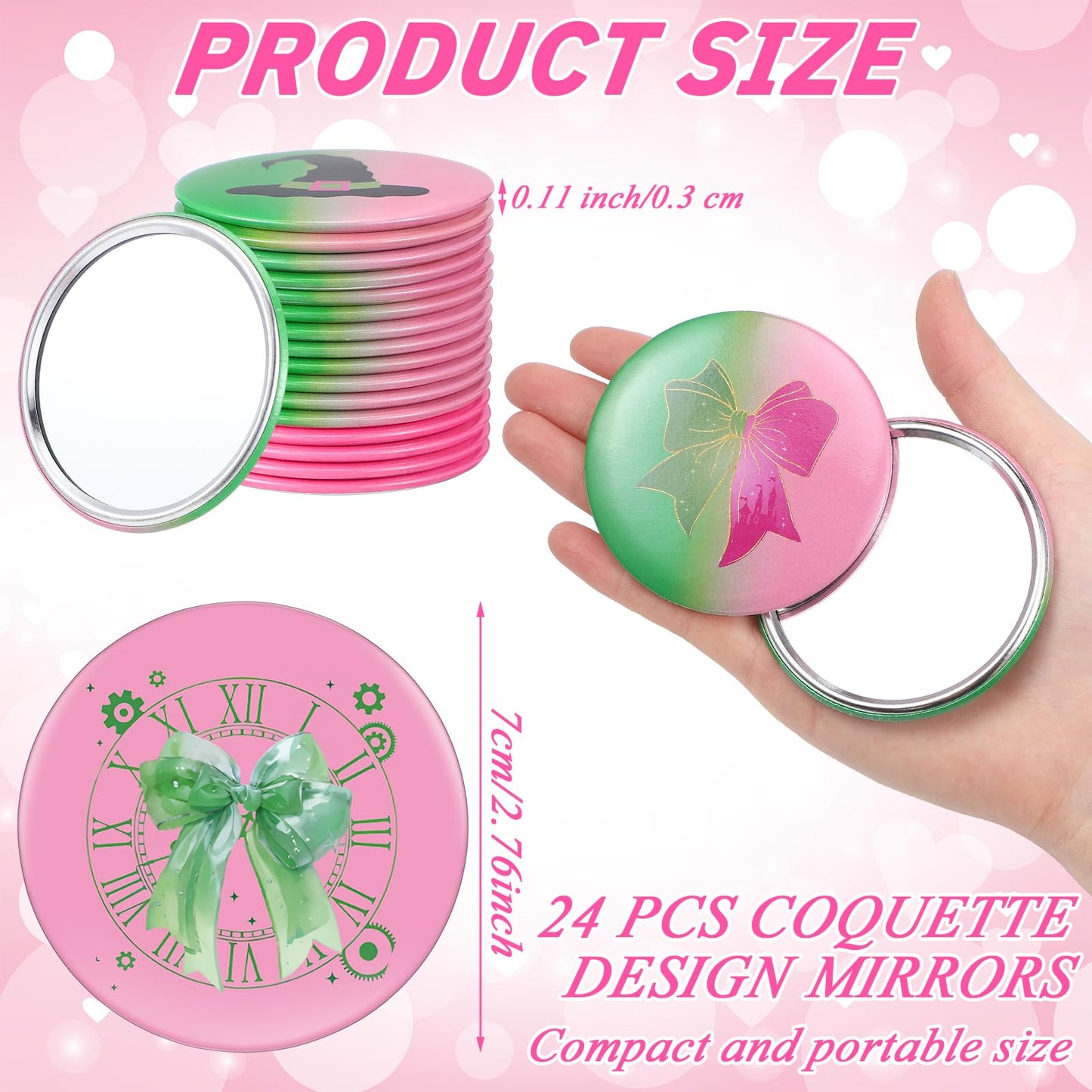 Marsui 24 Pcs Green and Pink Birthday Party Favors Witch Gifts for Girl Women Bulk Witch Mini Compact Mirror 2.76 Inch Portable