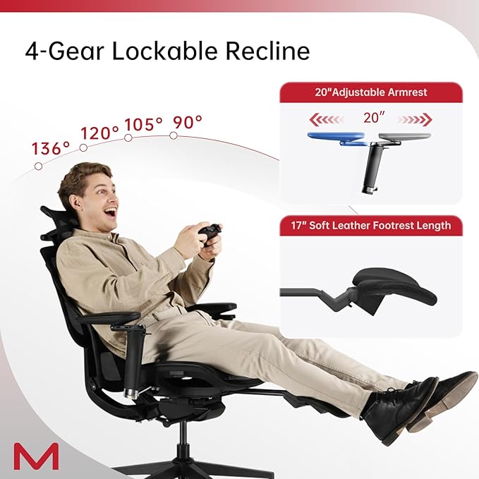 Ergonomic Office Chair with Footrest,Office Chair with 136° Recline, Ergonomic Desk Chair with Larger Adjustable Lumbar Support, Computer Chair with Mesh Seat