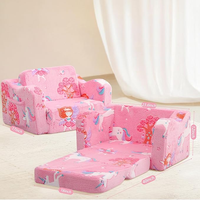 MeMoreCool Folding Toddler Chair, Glow-in-The-Dark Soft Plush Kids Fold-Out Couch Sofa, Comfy Baby Recliner for Girls and Boys (Pink Fairy)