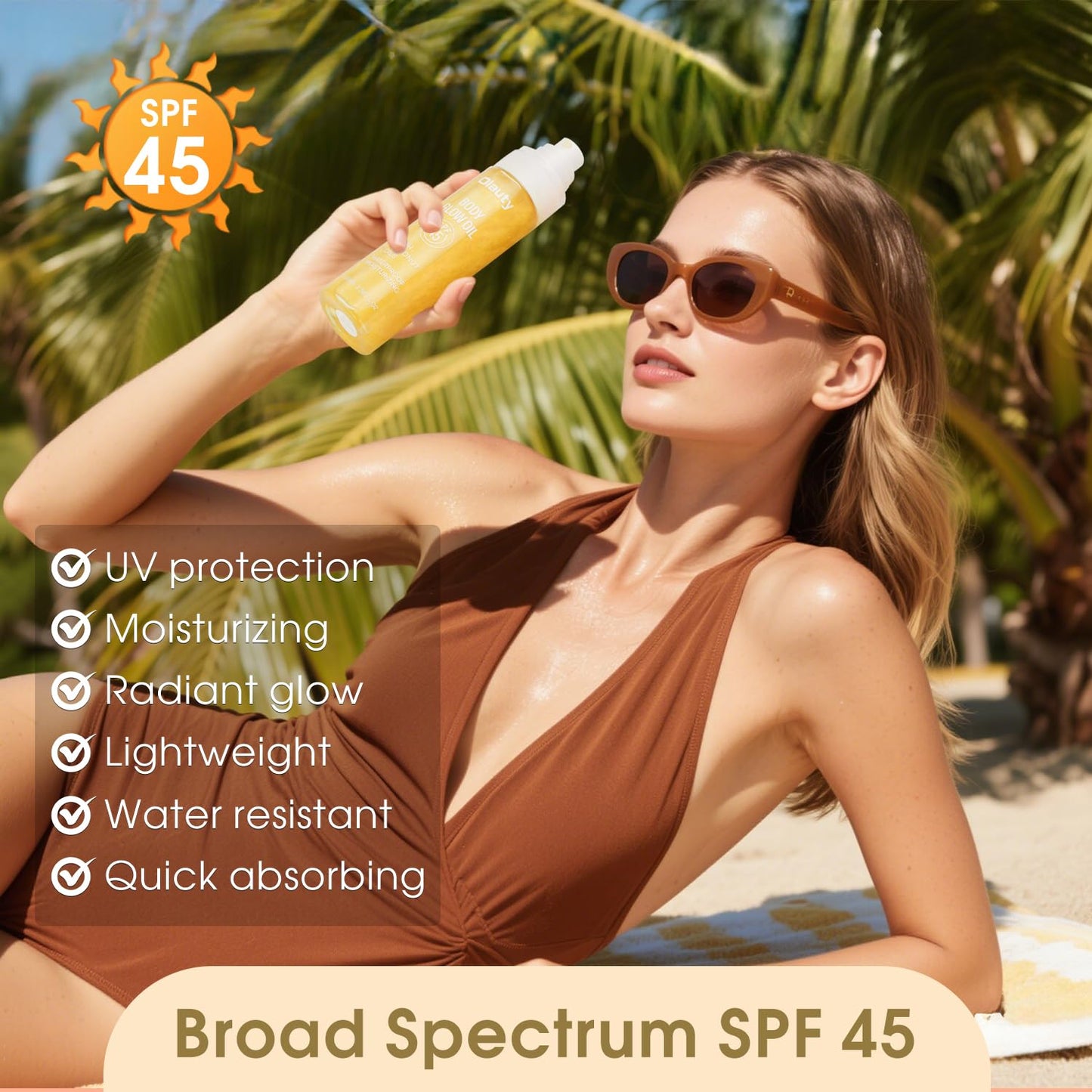 Sunscreen Body Oil,SPF 45,Sun Shield Sheer Body Glow Oil,Lightweight Soft Glowing Lotion,Moisturizing Coconut Oils,Waterproof No