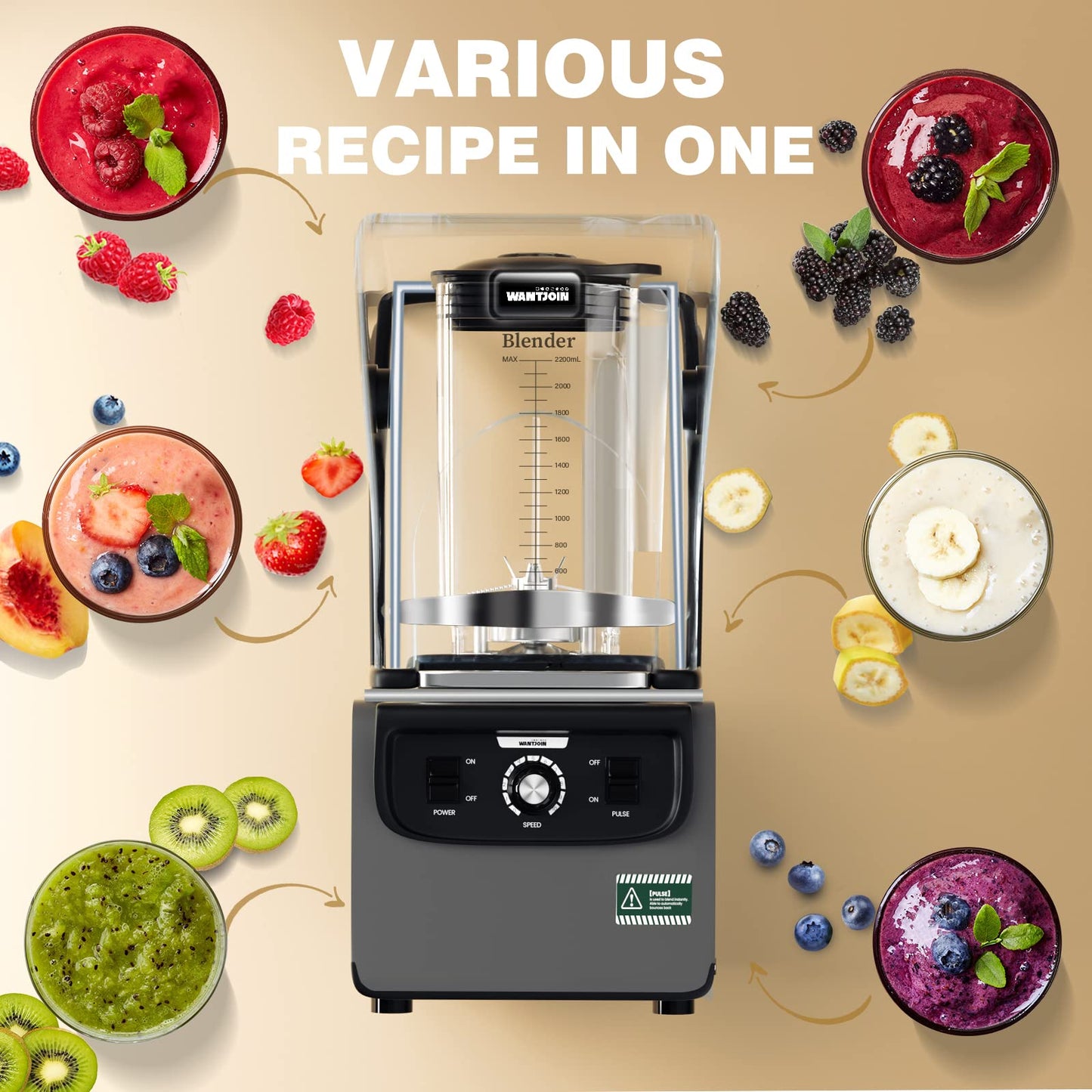 Wantjoin Commercial Quiet Blender for Kitchen, Smoothie Protein Shake Licuadora, Countertop Professional Electric Food Machine for Puree, Milkshake, Juice, Drink and Ice with Silent Cover 2200ml 1800W
