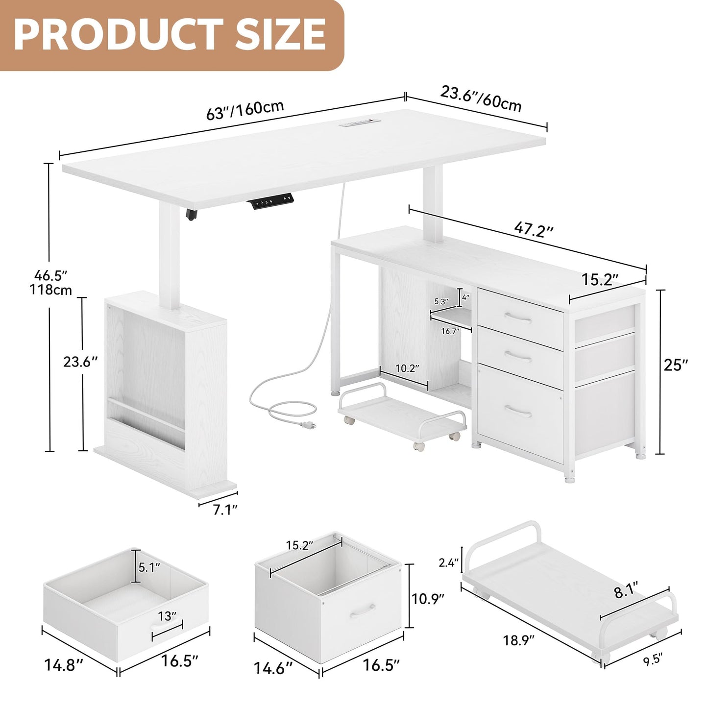 Homiflex 63 Inch L Shaped Desk with 3 Drawers Electric Standing Desks with Storage Computer Table Adjustable Height with Power Outlets 4 Memory Presets for Home Office, White