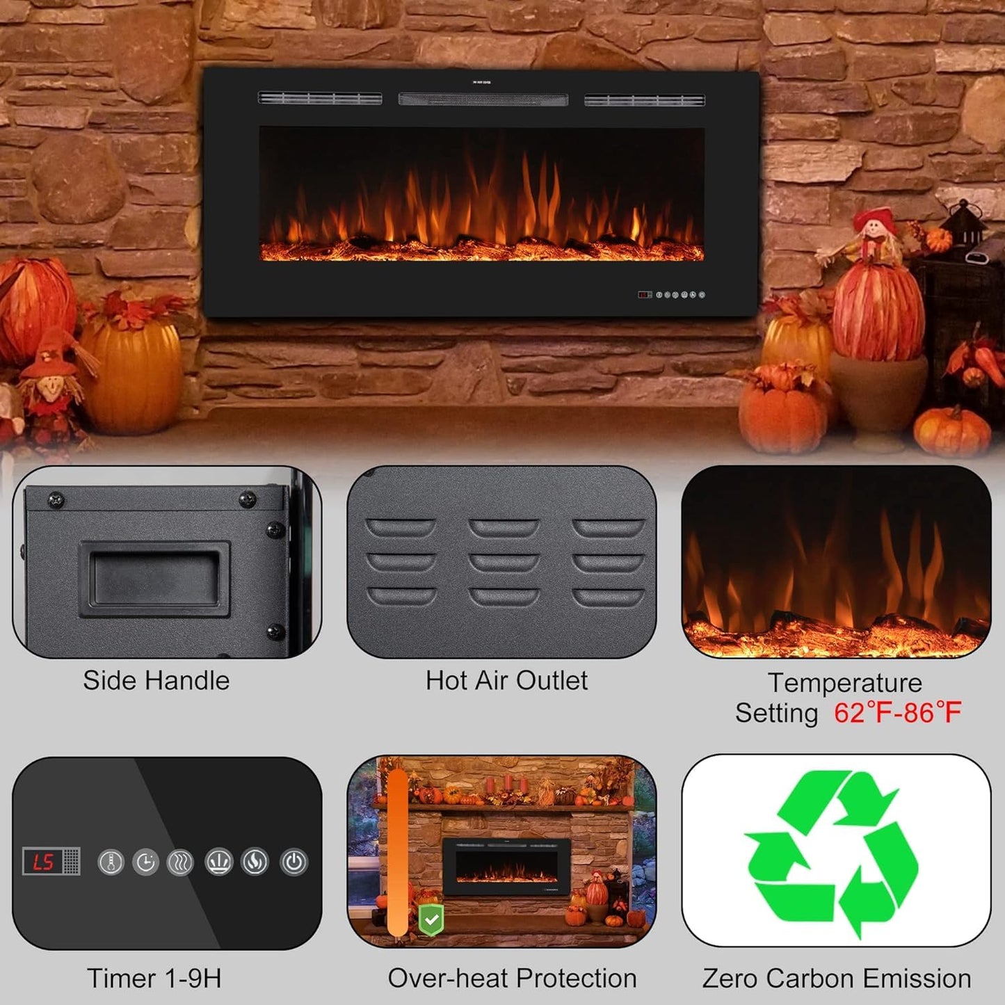 45'' Electric Fireplace Inserts, Recessed & Wall Mount Electric Heater and Linear Fireplace with Remote Control, Adjustable Flame Color, Temperature, Hard Wired & Plug in