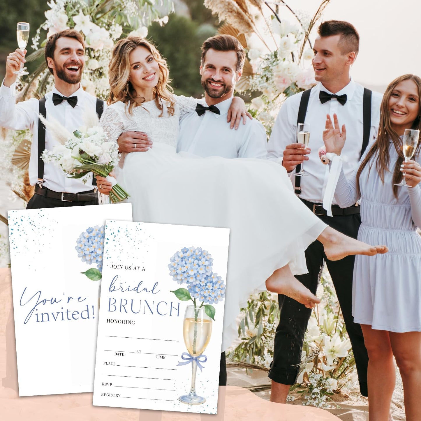 Blue Hydrangea Bridal Shower Invitations, Engagement Invitation Cards, Champagne Glass and Floral Invite For Bridal Shower, 25 Double-Sided Fill in Invitation With Envelopes Celebration Party Supplies