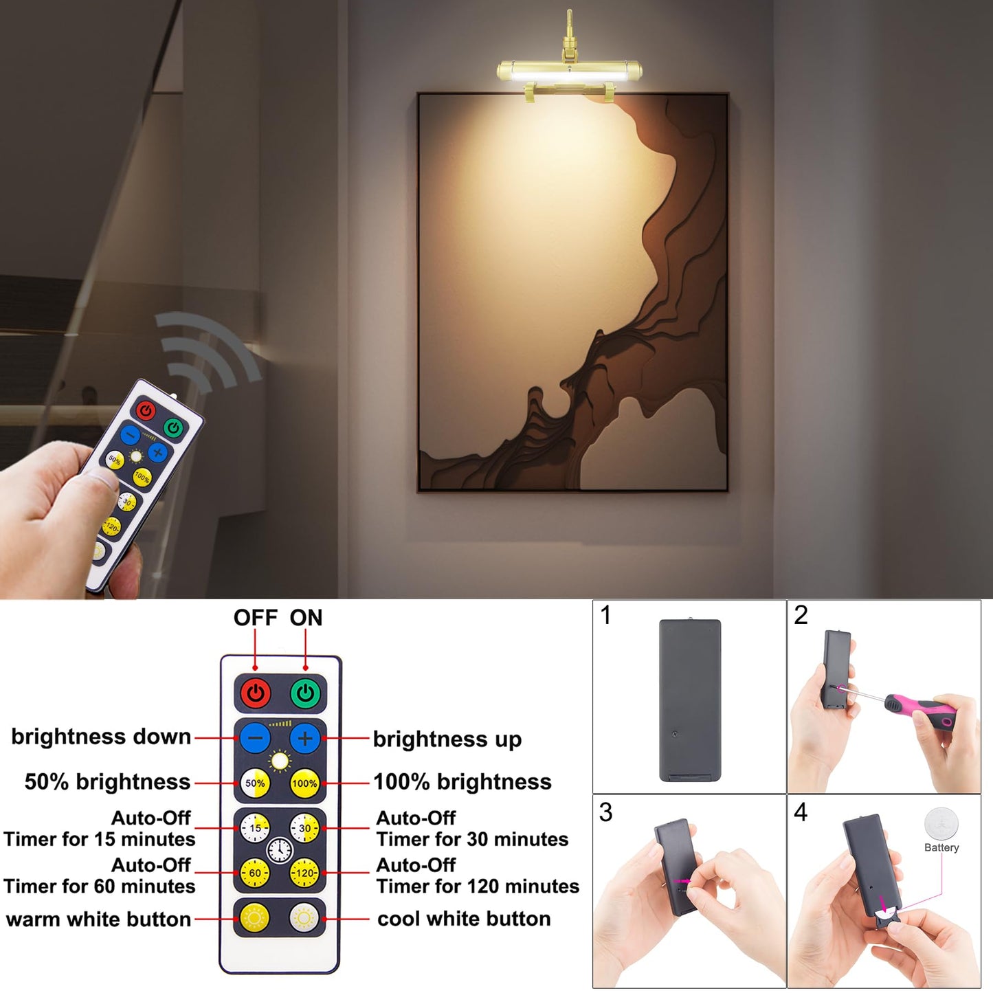 HONWELL Painting Lights Cordless, Dartboard Light with Remote, Rechargeable Picture Light, Picture Frame Lights with 3 Modes 28 LEDs Rotate Head, 360° Flexible Neck,Clip on Display Light for Artwork