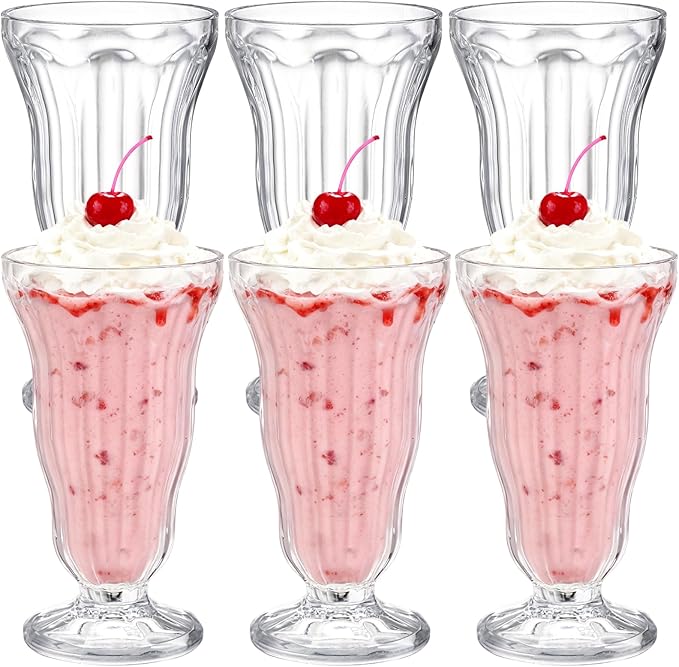 Mezchi 6 Pack Acrylic Milkshake Glasses, 15 OZ Plastic Old Fashioned Soda Glass, Shatterproof Footed Ice Cream Cups, Clear...