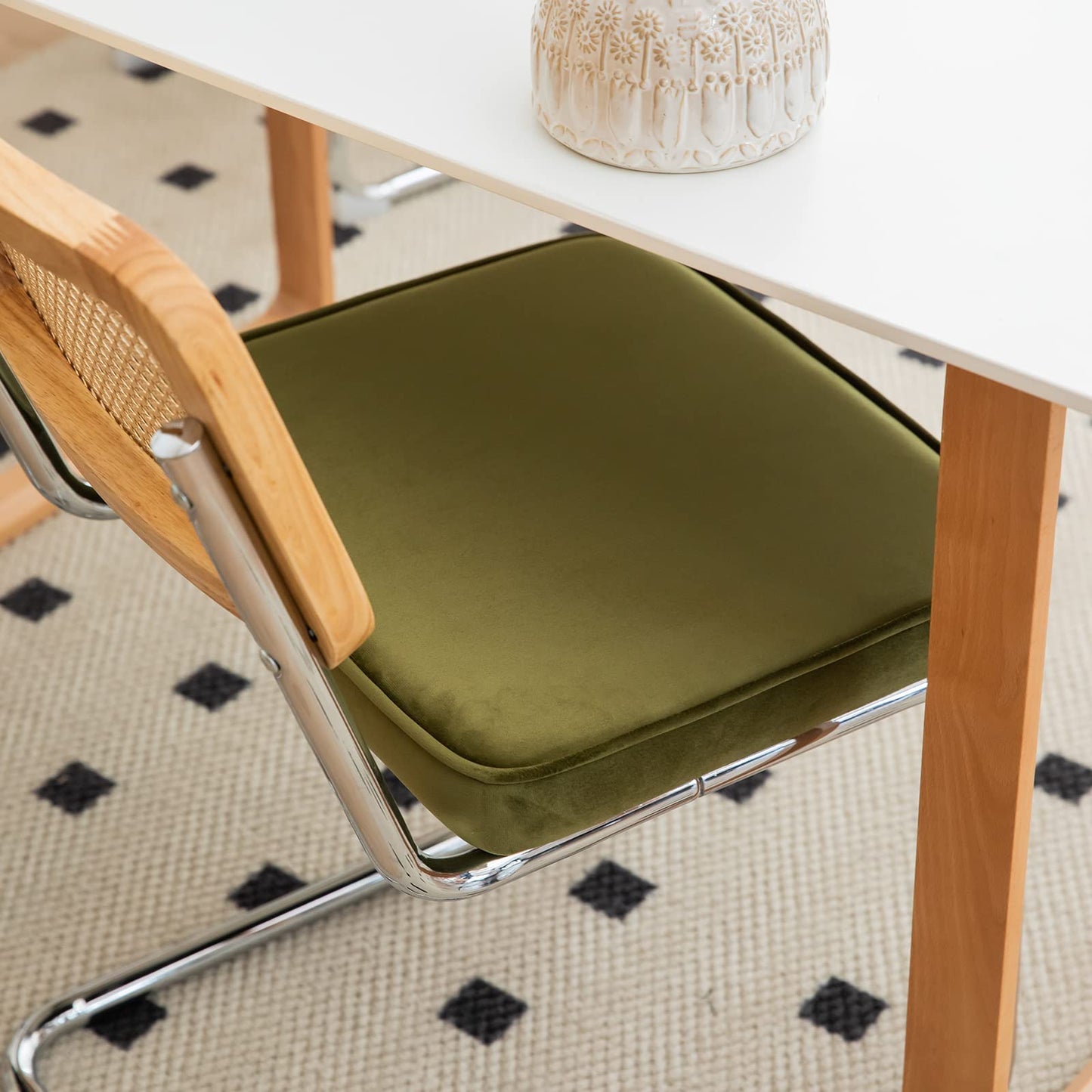 HAZO Rattan Dining Chairs Set of 2,Green Velvet Accent Chairs with Woven Cane Back & Stainless Chrome Base, Modern Mid Century Designed Chairs, Upholstered Dining Room Kitchen Chairs(Green Velvet)