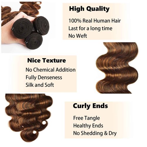 Fabimiya Human Hair Bundles 14 16 18 Inch Chocolate Brown P4/30 Body Wave Bundles Human Hair 100% Unprocessed Soft Sewn In Hair with Double Weft for Black Women